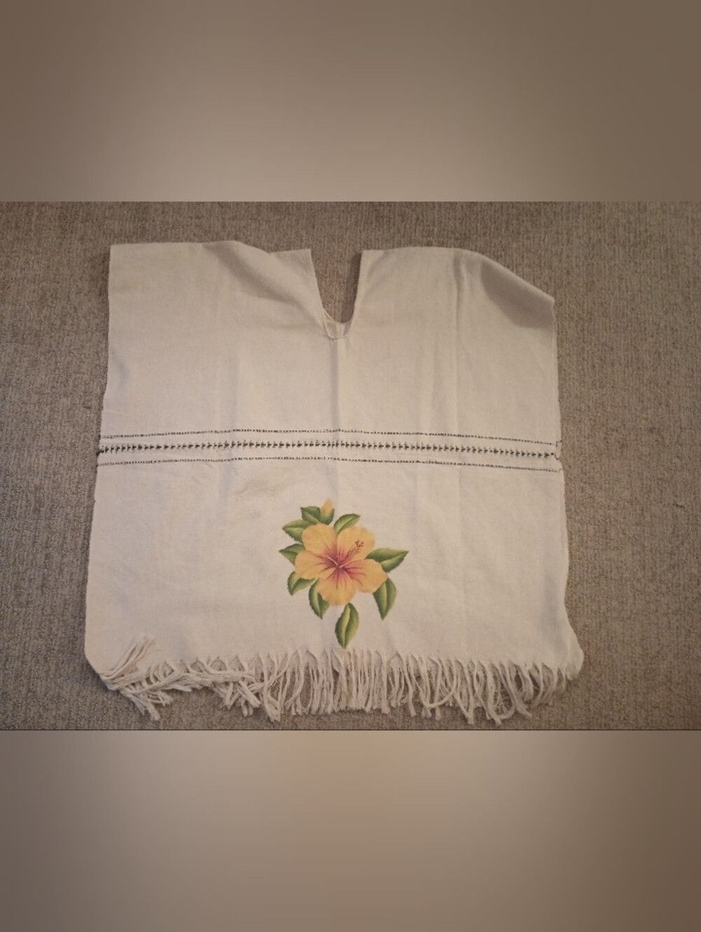 Girls Boys Unisex Cream Floral Fringe Cotton Poncho Top Tunic Hippie Hibiscus